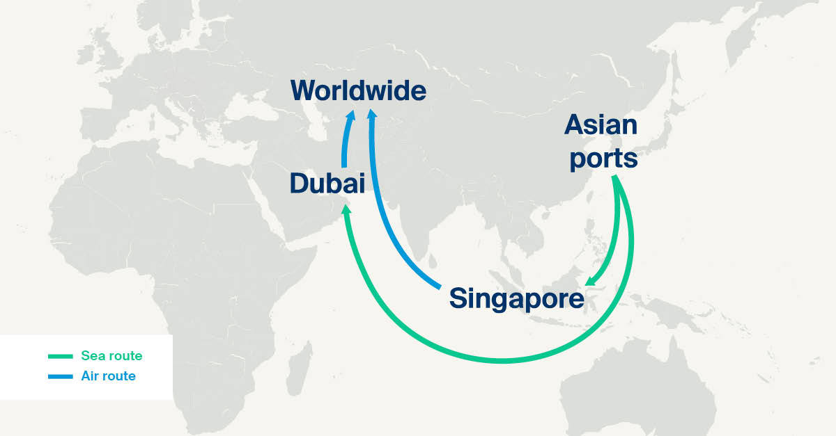 From Asian ports via Dubai/Singapore to worldwide destinations